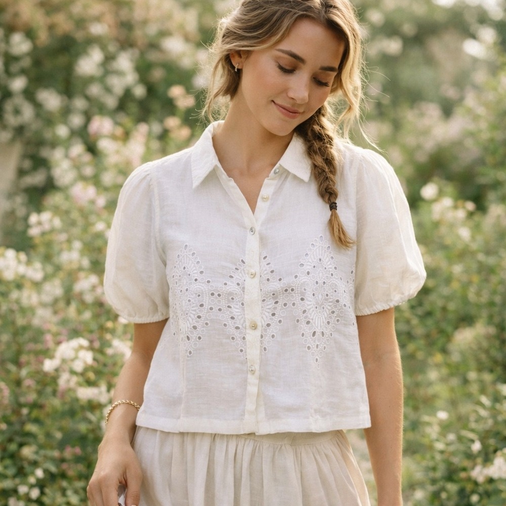 Joie Eyelet 100% Linen Blouse White Large eyelet cottage coquette spring boho